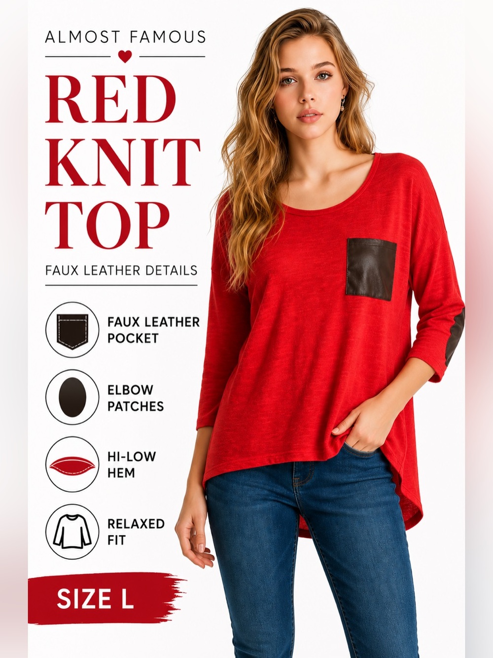 Almost Famous Red Textured Knit Tunic Top Faux Leather Pocket Hi-Low Hem L